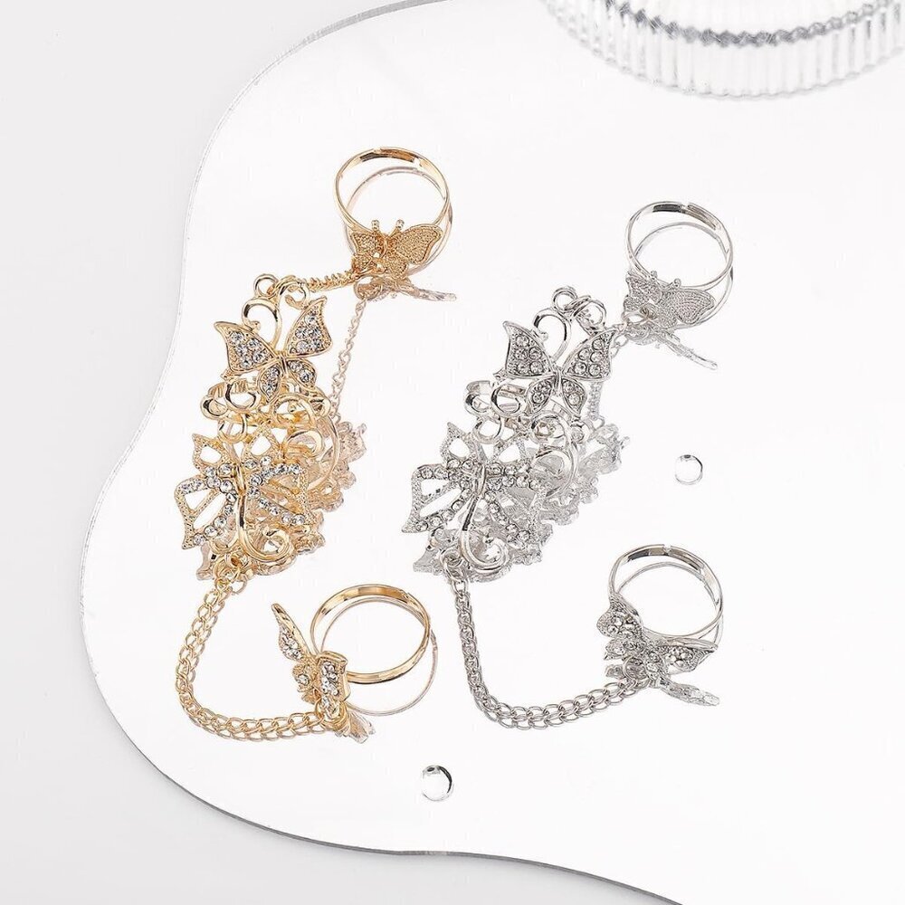 Butterfly Gold Hand Chain for Women Adjustable Crystal Finger Rings Punk Jewelry - Picture 6 of 6